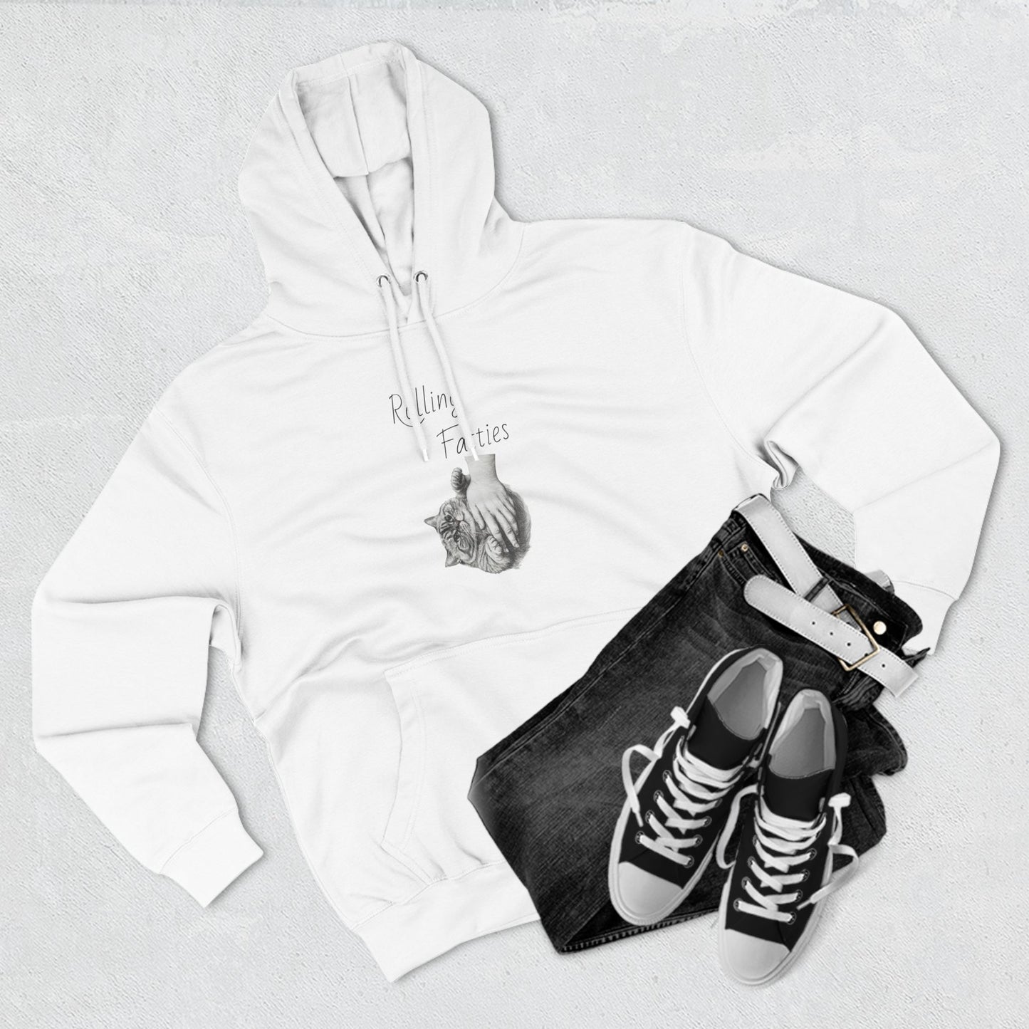 White Rolling Fatties Hoodie styled with black jeans and sneakers. A trendy and comfortable outfit choice for any casual occasion.