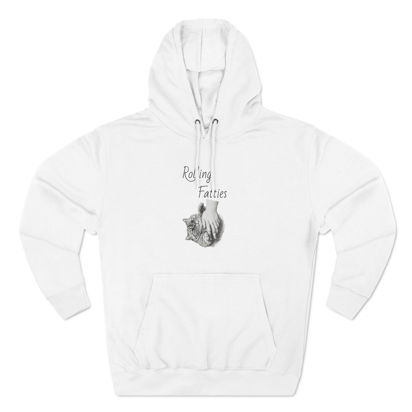 Rolling Fatties Hoodie in white featuring a cozy pullover design with a three-panel fleece lining. Made from a cotton-polyester blend for warmth and durability.